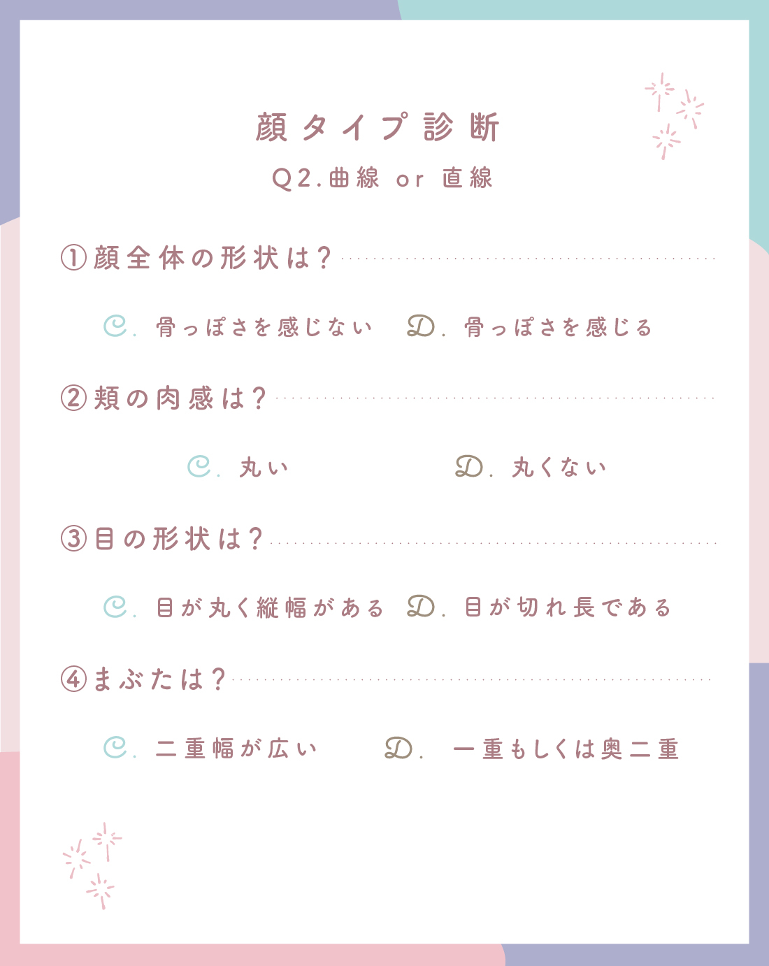 Q2:顔全体の形状 / 頬の肉感 / 目の形状 / まぶたは?