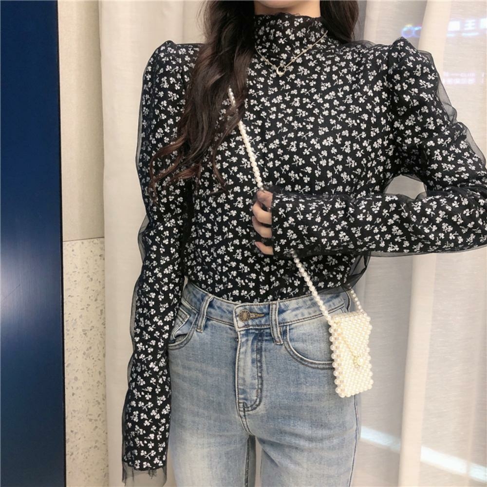 フローラルメッシュハイネックトップス