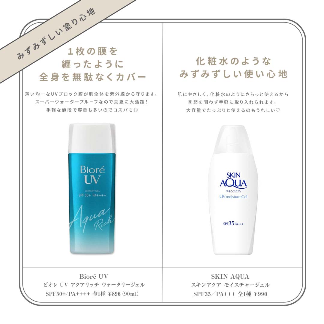 みずみずしい塗り心地でおすすめの日焼け止め!Bioré UV(ビオレ UV)、SKIN AQUA(スキンアクア)